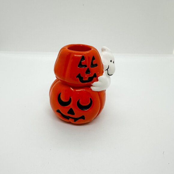 SOLD Vintage 90s AGC Ceramic Ghost Pumpkins Candle Stick Holder Halloween Spooky - Picture 5 of 8